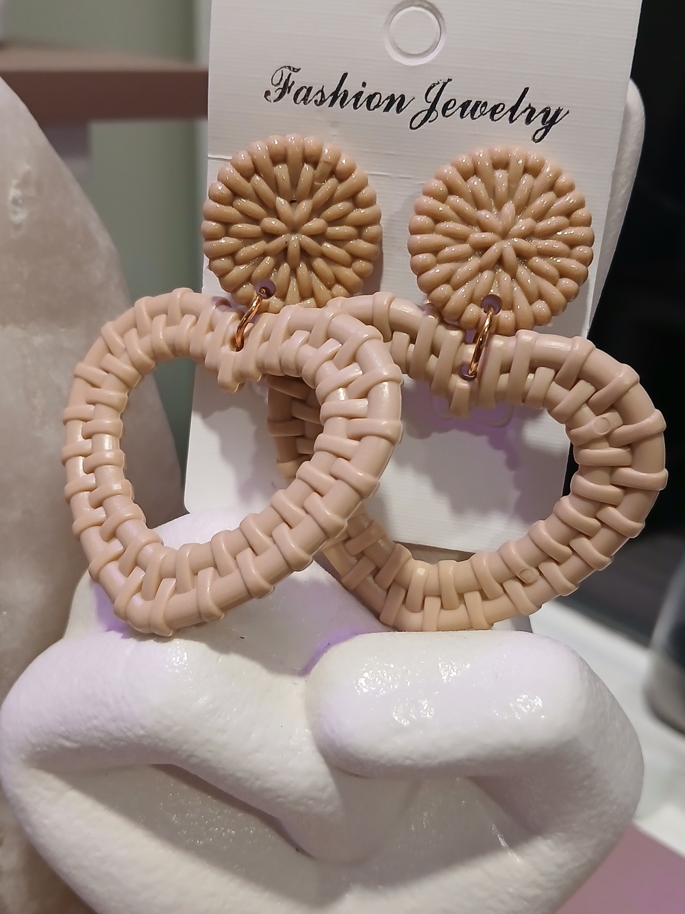 Beige Woven Heart & Floral Sunburst Drop Earrings - NWT on Card